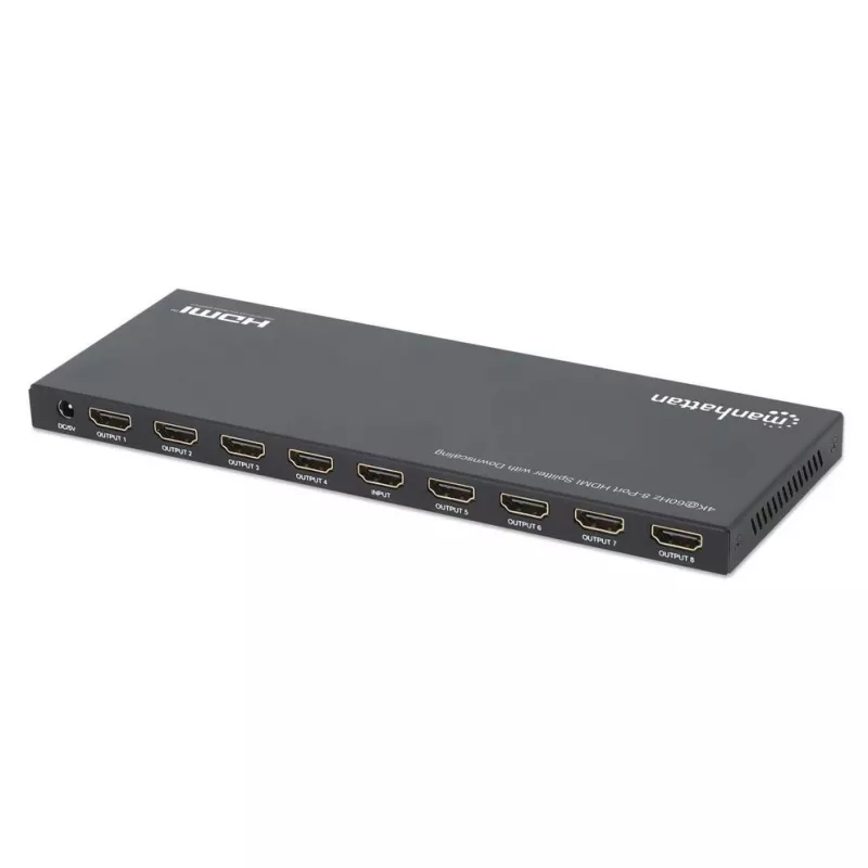 Manhattan 4K@60Hz 8 prievadų HDMI skirstytuvas su sumažinimo funkcija, padalijantis vieną HDMI įvestį į aštuonis HDMI išvestis (1x8), 18G, EDID jungiklis sumažinimui, juodas
