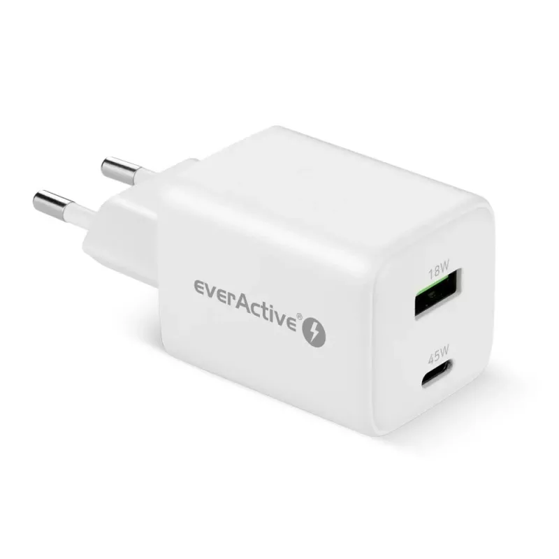 Sieninis įkroviklis everActive SC-450Q 45W 1×USB-C 1×USB-A Baltas
