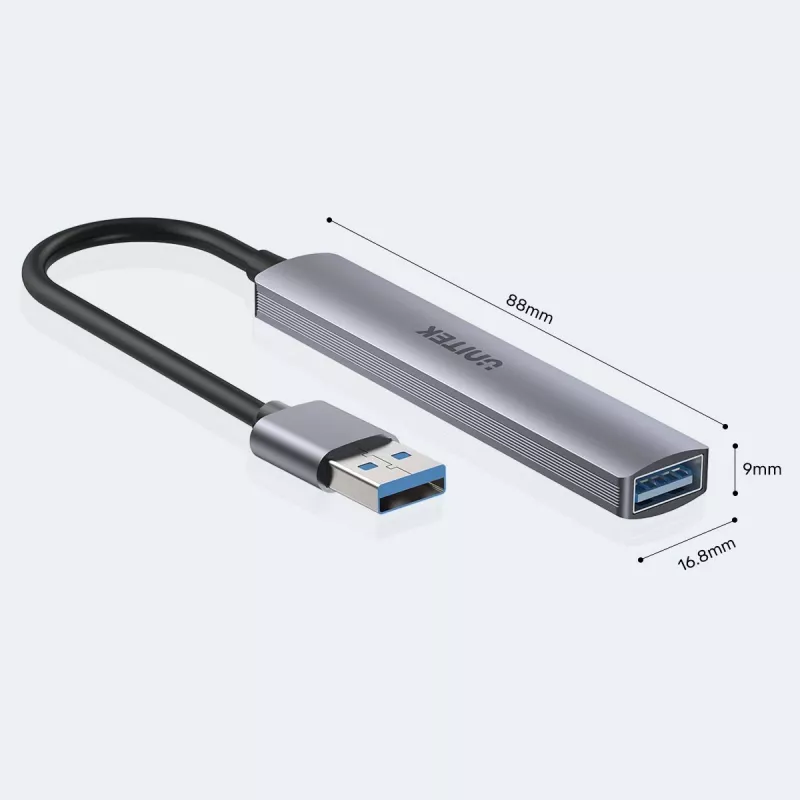 USB šakotuvas Unitek H1208A — 4 prievadai (1 × USB 3.2 Gen 1 Type-A, 3 × USB 2.0), aliuminio korpusas, pilka, 0,20 m laidas
