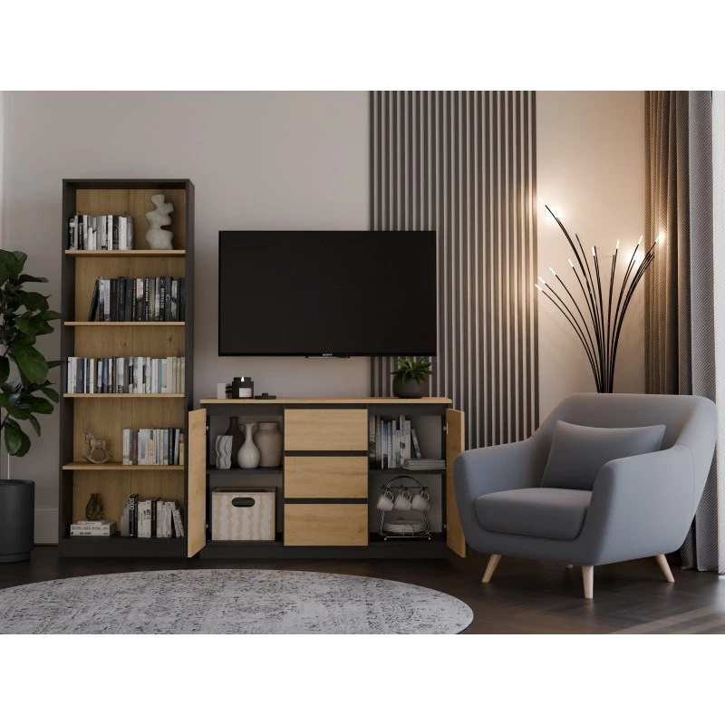Komoda viršutinė dalis e-parduotuvė Topeshop 2D3S ANT/ART BA KPL — antracito ir ąžuolo, 3 stalčiai, medžio drožlių plokštės korpusas