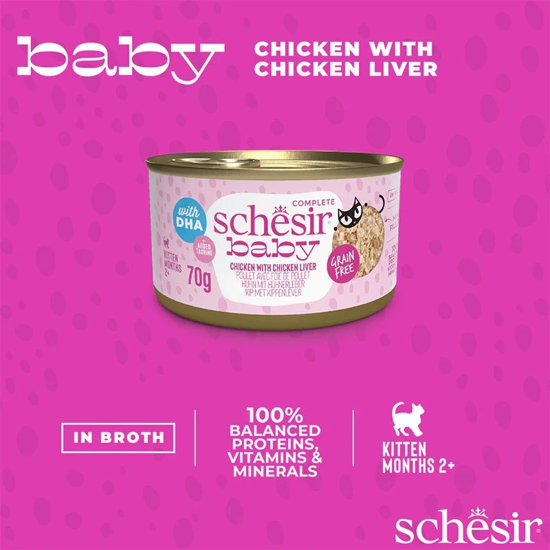 Šlapias kačių maistas Agras Pet Foods Schesir Baby in Brühe 70 g – vištiena, be grūdų, jaunikliams