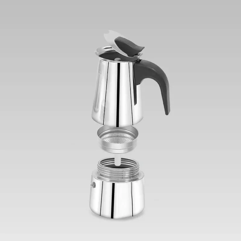 Moka puodas Maestro MR-1660 0,2 l nerūdijančio plieno viryklės kavos virimo aparatas, 4 puodeliai, juoda rankena