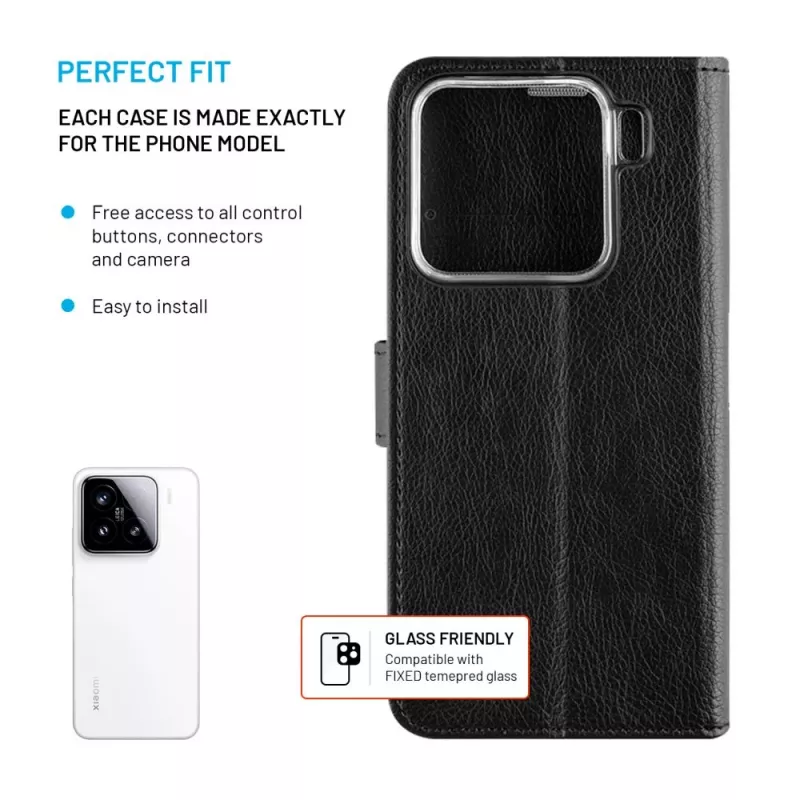 Fixed Opus | Knyginis dėklas | Xiaomi | 15 | Oda | Juoda