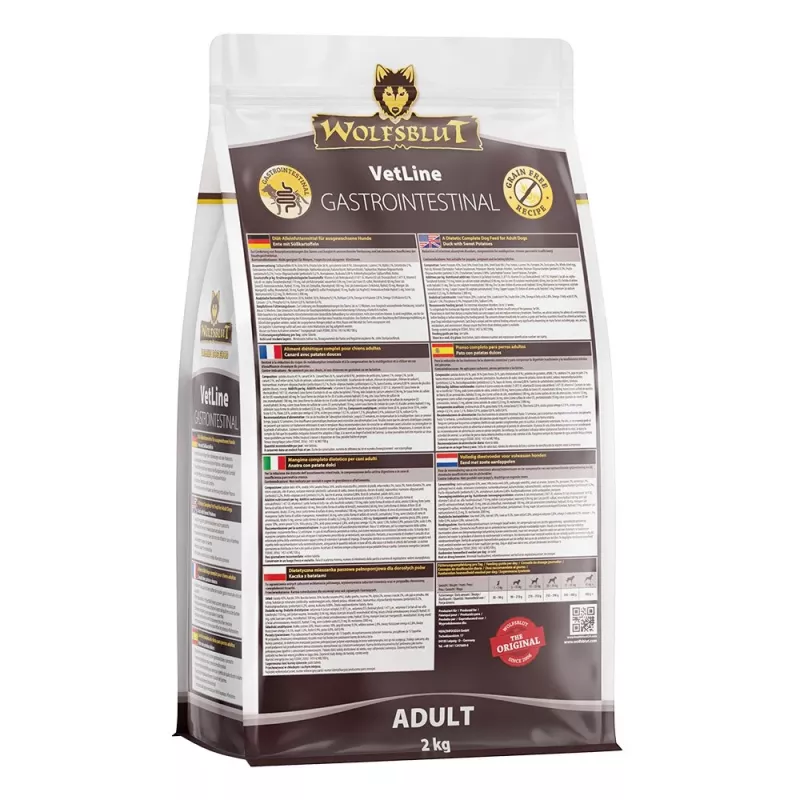 Sausas šunų maistas Wolfsblut VetLine Gastrointestinal Duck 2 kg — veterinarinė dieta virškinimui palaikyti, 20% baltymų, 10% riebalų