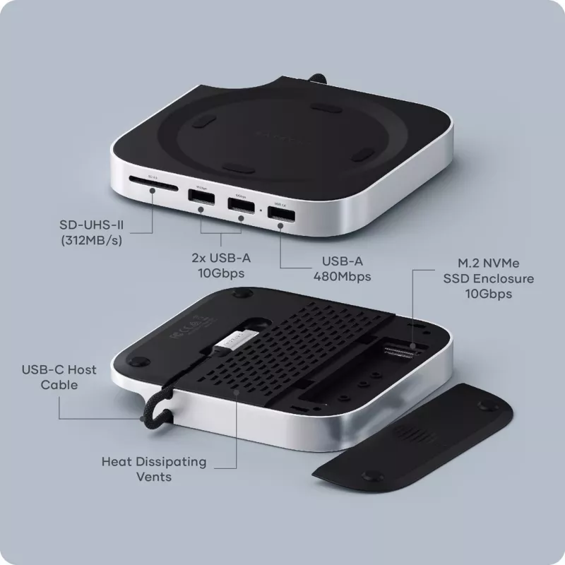 Satechi nešiojamojo kompiuterio dokas / prievadų kopijuoklis ST-GNMMES — laidinis USB 3.2 Gen 2 Type-C šakotuvas, USB-A ir SD, sidabrinis