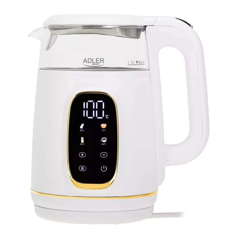 Elektrinis virdulys Adler AD 1305WG — 1,7 l, 2200 W, stiklas/plastikas, baltas/auksinis/permatomas