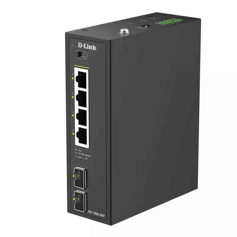 D-Link 6 prievadų Gigabit pramoninis PoE+ nevaldomas komutatorius su 2 SFP prievadais