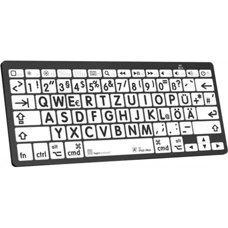 Klaviatūra LogicKeyboard XL-Print Juoda on White DE Mac Bluetooth — vokiškas išdėstymas, Mac specifiniai ženklai