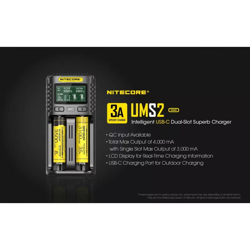 Nitecore UMS2 baterijų įkroviklis Buitinis akumuliatorius DC Ličio jonų Nikelio-kadmio