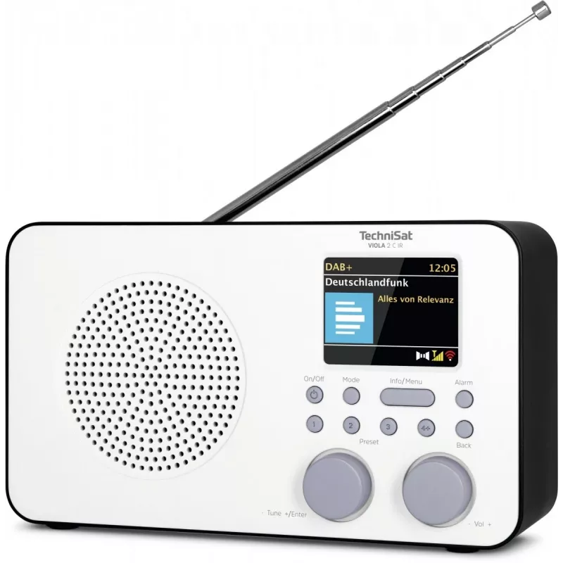 Internetinis radijas TECHNISAT VIOLA 2 C IR — Analoginis ir skaitmeninis imtuvas, DAB+/FM, Wi‑Fi, 3 W, 2,4 colio TFT, 3,5 mm, juoda/baltas