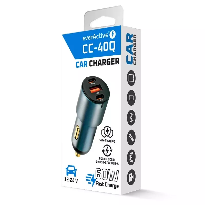 Automobilinis kroviklis everActive CC-40Q QC3.0 60W, USB automobilinis maitinimo adapteris mobiliems įrenginiams krauti