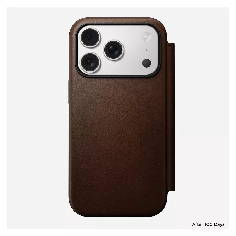 Odinis aplanko tipo telefono dėklas Nomad Modern Leather Folio, skirtas iPhone 17 Pro — rudas, tinka 6,3 colio (16 cm) ekranui, 4 kortelių kišenės