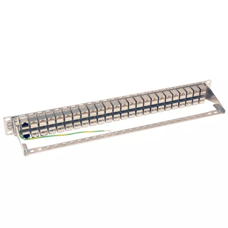 Tripp N254-048-SH-6A 48 prievadų 1 HE stelažinis montavimas ekranuotas Cat6a STP Feed-Through skirstomasis skydas - RJ45 Ethernet - TAA - 10 Gigabit Ethernet - RJ-45 - Cat6a - sidabrinis - baltas - stelažinis