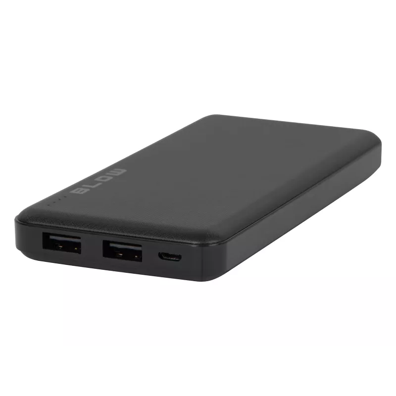 Nešiojama išorinė baterija BLOW PB10A 10000 mAh polimerinė baterija, 2x USB-A išėjimai, 22,5 W bendra galia, Micro‑USB įvestis, juoda