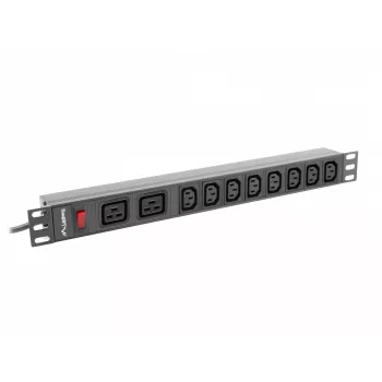 Stovo montavimo maitinimo paskirstymo blokas LANBERG PDU-02I1908I-0200-C20-BK — 1U, 10×C13, 16A, 2 m laidas, 19 colių