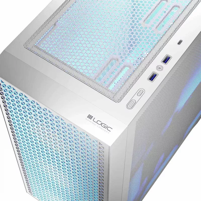 Kompiuterio korpusas LOGIC Dart Pro Midi ARGB baltas — Midi Tower, ATX, 456×200×385 mm, maks. GPU 34 cm, CPU aušintuvo aukštis 155 mm, 3x120mm priekyje + 1x120mm gale, USB 3.0 x2, USB-C x1