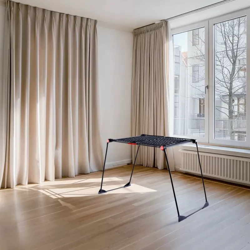 Drabužių džiovinimo stovas VILEDA Infinity Flex Ultimate Telescopic — juodas, dengtas aliuminis, 30 m džiovinimo vietos, sulankstomas, ratukai