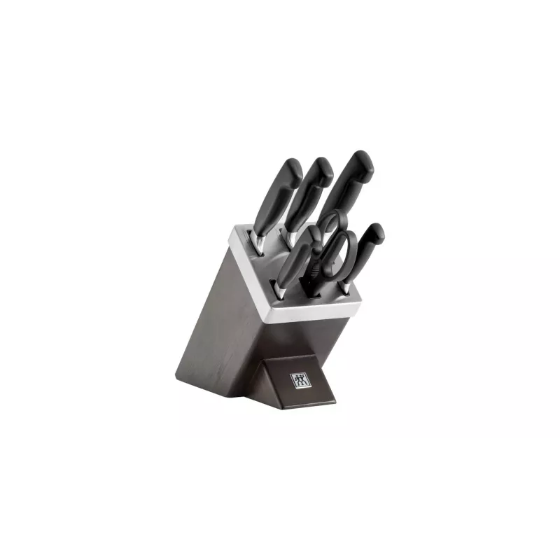 Peilių/įrankių bloko rinkinys ZWILLING 35145-000-0 — 7 dalių, nerūdijančio plieno geležtės, plastikinės rankenos, įskaitant duonos, daržovių, virėjo, pjaustymo peilius, žirklių angą