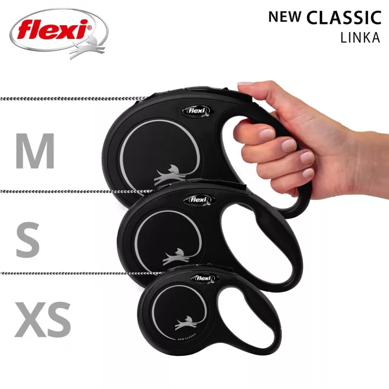 Ištraukiamas pavadėlis Flexi Classic 5 m juodas vidutinio dydžio šunims, virvutė, maks. apkrova 20 kg, šviesą atspindintys elementai