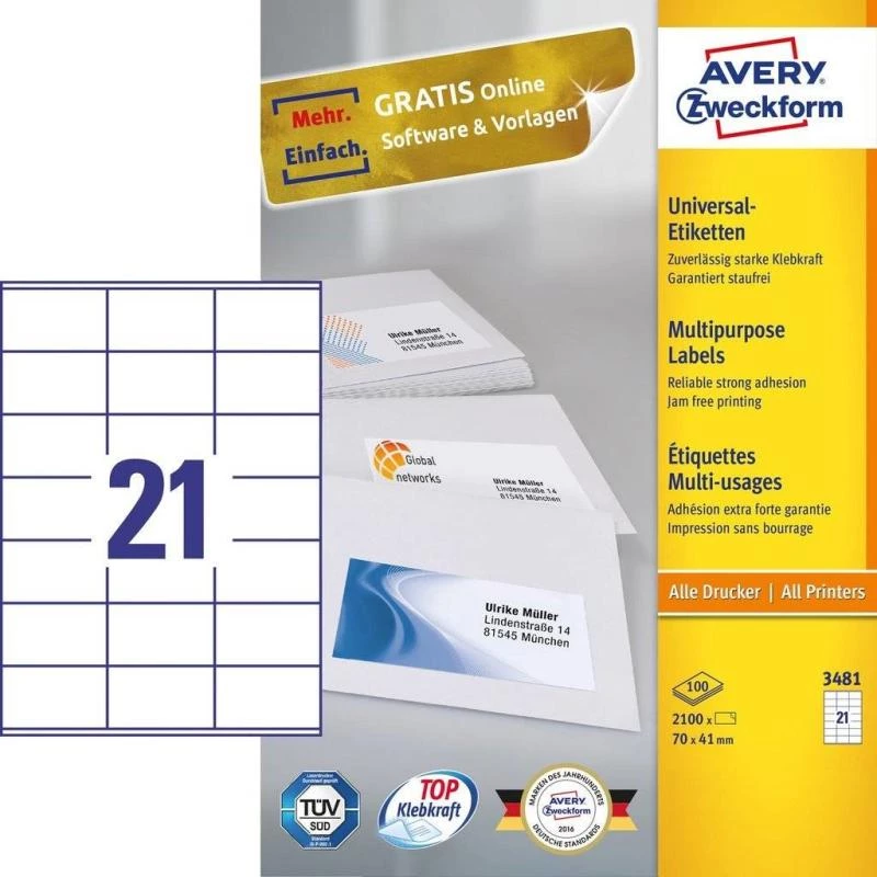 Avery 3481 lipnios etiketės stačiakampės nuolatinės baltos 2100 vnt.