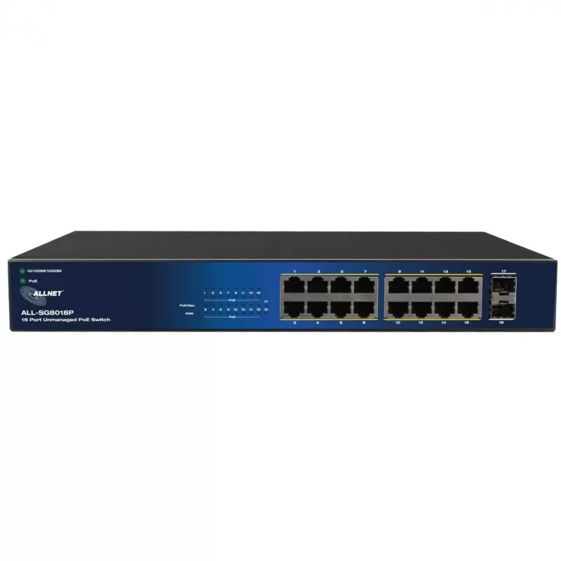 ALLNET 18 prievadų gigabitinis PoE komutatorius ALL-SG8018P — 16 PoE prievadų + 2 aukštynkryptės jungtys, gigabitinis eternetas