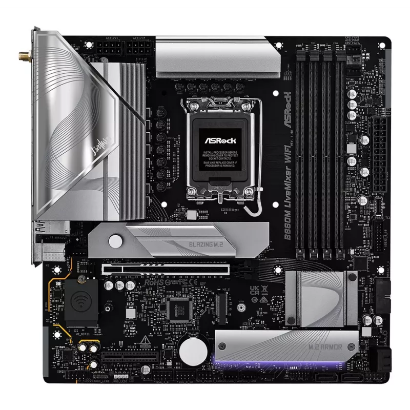 Motininė plokštė ASRock B860M LiveMixer WiFi — Intel B860, LGA 1851, micro ATX, DDR5, 4x DIMM, Wi‑Fi 6E, 2.5Gb LAN