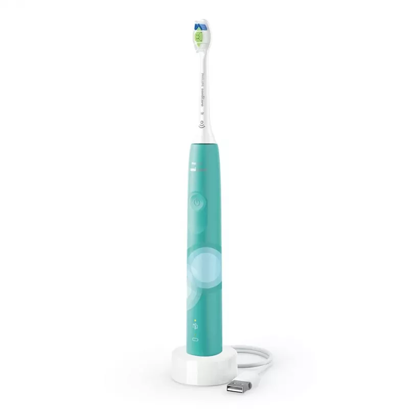 Soninis elektrinis dantų šepetėlis Philips 4100 Series HX3689/43 — įmontuota Li-Ion baterija, 1 rankena, 1 šepetėlio galvutė, Kasdienės priežiūros režimas, turkio spalvos