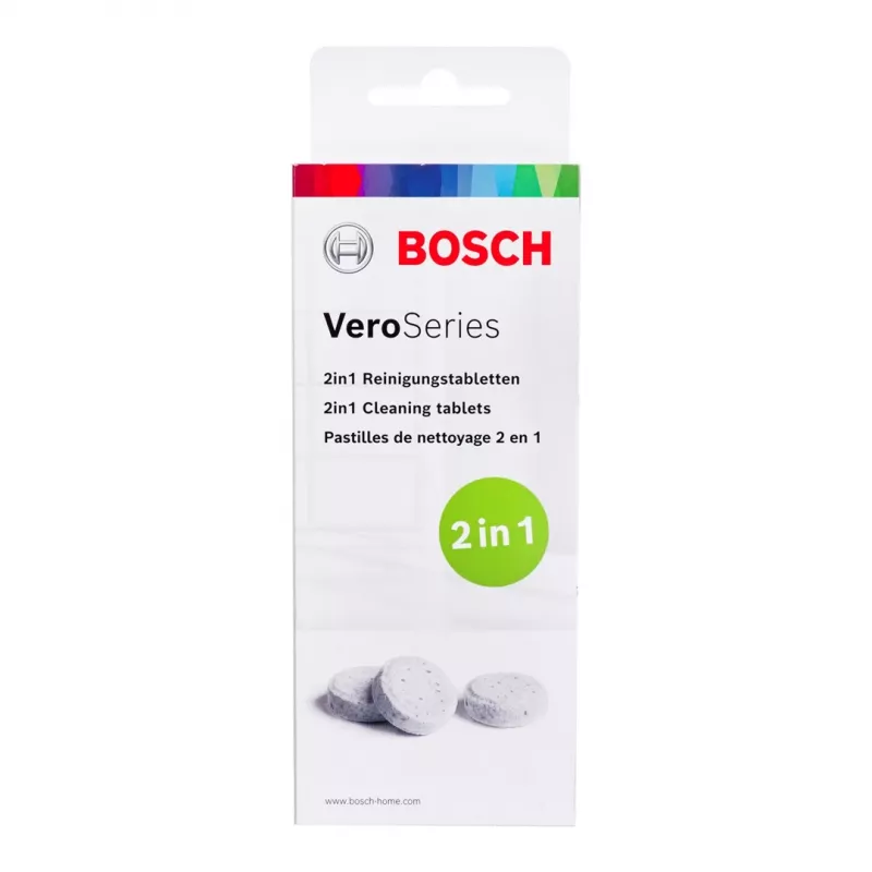 Valymo tabletė Bosch TCZ8001A — balta, pakuotėje 10 vnt., valymo tabletė buitiniams prietaisams