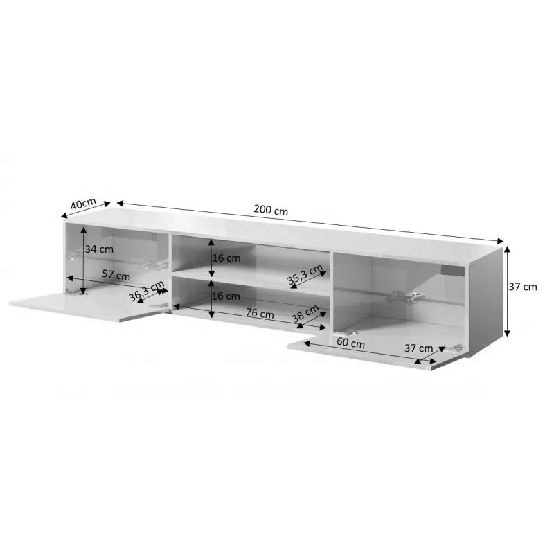 TV spintelė Cama Meble SLIDE 200K — 200x40x37 cm, blizgiai juoda, medžio drožlių plokštės viršus
