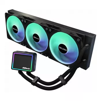 CPU aušintuvas ASRock Challenger 360 Digital ARGB Juoda — 360 mm skysčio AIO, ARGB apšvietimas, prie radiatoriaus montuojami ventiliatoriai