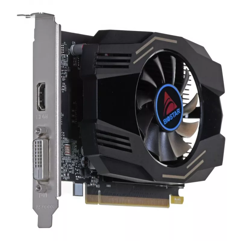 Grafikos plokštė BIOSTAR GeForce GT 1030 — 4 GB GDDR4, 64 bitų, PCIe x16 4.0, aktyvus aušinimas, DVI-D + HDMI