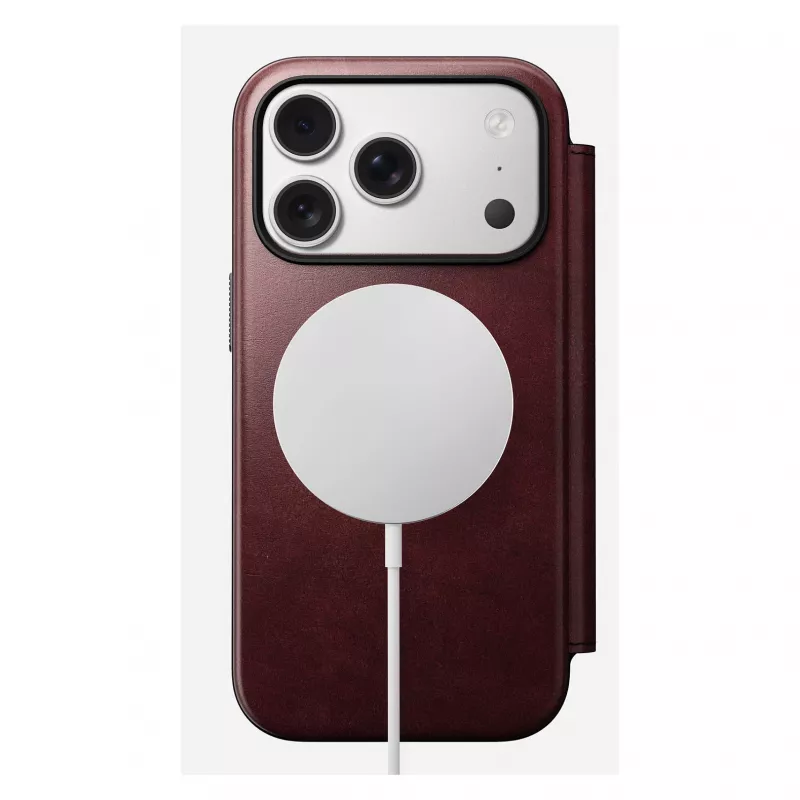 Mobiliojo telefono dėklas Nomad Modern Leather Folio, skirtas Apple iPhone 17 Pro, 6,3 colio (16 cm), oda, bordo spalvos
