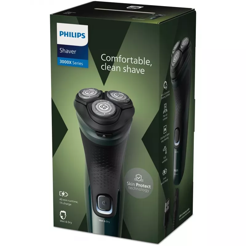 Elektrinis rotacinis skustuvas Philips 3000X serijos X3002/00 – 3 galvutės, šlapiam ir sausam naudojimui, belaidis, NiMH baterija, 40 min. veikimo laikas