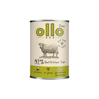 Šlapias šunų maistas OLLO Pure Beef and Green Tripe 400 g skardinė — suaugusiems, baltymai 14,5%, riebalai 11,9%, drėgmė 69%