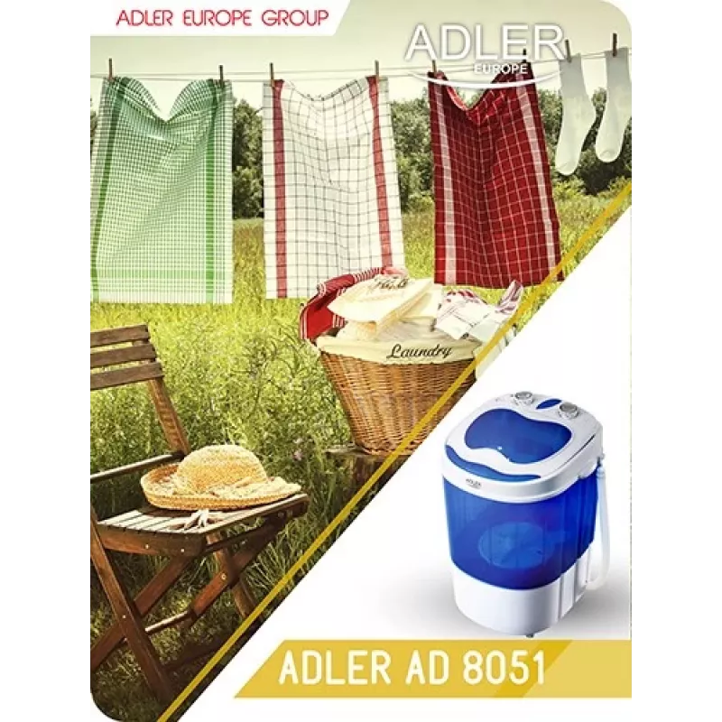 Adler | AD 8051 | Skalbimo mašina | Energinio naudingumo klasė | Pakrovimas iš viršaus | Skalbimo talpa 3 kg | Nenurodyta aps./min. | Gylis 37 cm | Plotis 38 cm | Balta/Mėlyna