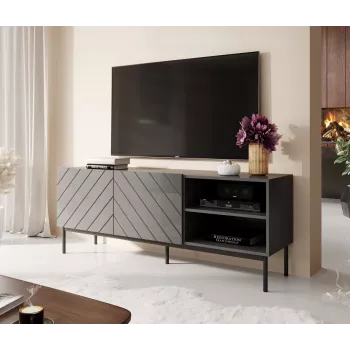 AV/TV spintelė cama meble ABETO RTV ant juodo plieninio rėmo 150x42x60 cm grafitas/blizgus grafitas