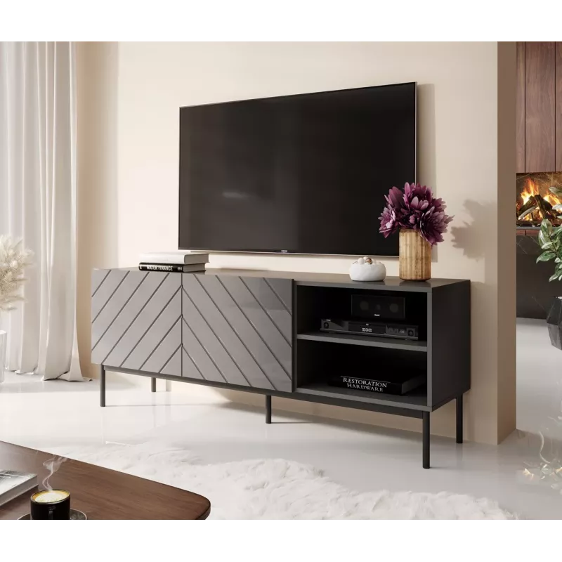 AV/TV spintelė cama meble ABETO RTV ant juodo plieninio rėmo 150x42x60 cm grafitas/blizgus grafitas