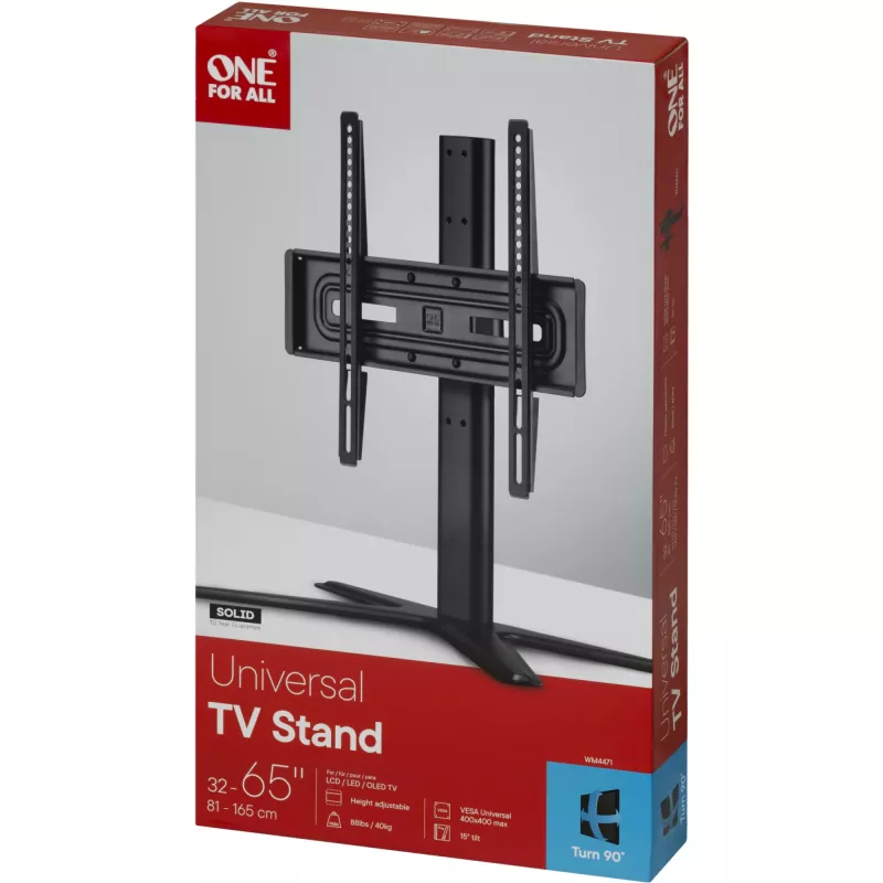 One For All stalinis stovas Base TV Holder SOLID – Tinka visų tipų televizoriams nuo 32 iki 65 colių – LCD/LED/Plazminis/OLED/QLED – sukasi (90°) pakreipiamas (15°) – Reguliuojamas aukštis – VESA 60