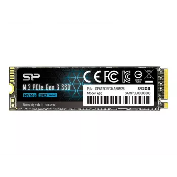 SSD M.2 NVMe Silicon Power P34A60 512 GB — PCIe, skaitymas 2200 MB/s, rašymas 1600 MB/s, NVMe 1.3