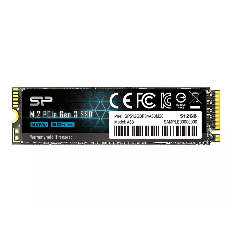 SSD M.2 NVMe Silicon Power P34A60 512 GB — PCIe, skaitymas 2200 MB/s, rašymas 1600 MB/s, NVMe 1.3