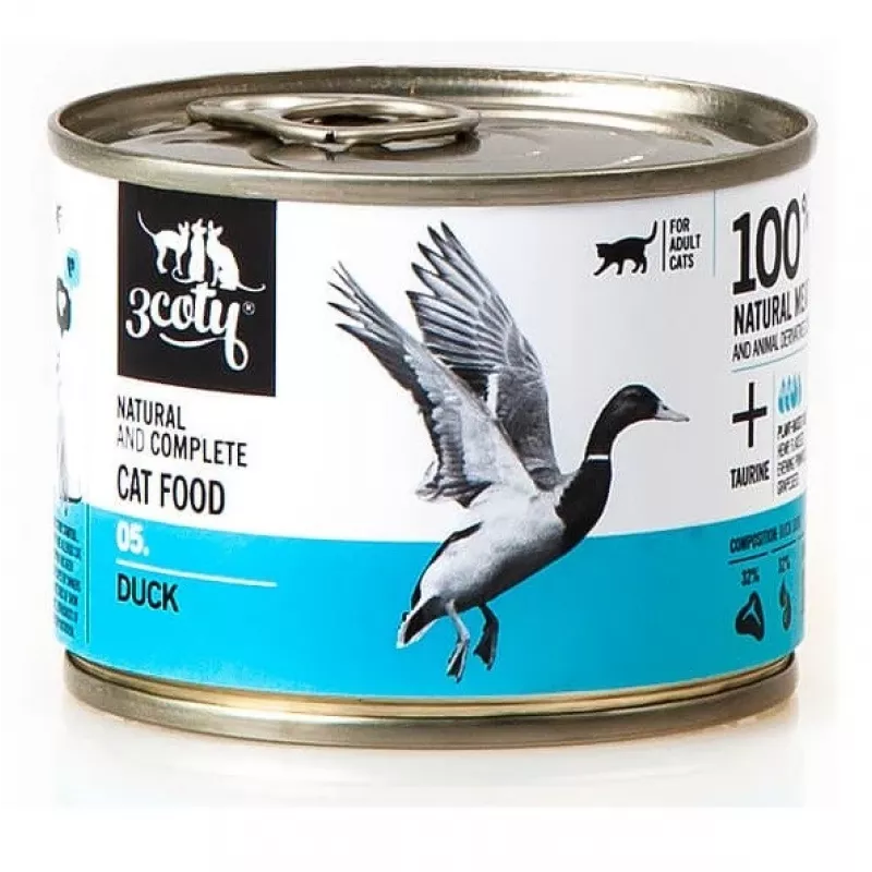 Šlapias kačių ėdalas 3coty Duck 180 g — pilnavertis begrūdis konservuotas šlapias ėdalas suaugusioms katėms, baltymai 15%, riebalai 10%, drėgmė 72,8%