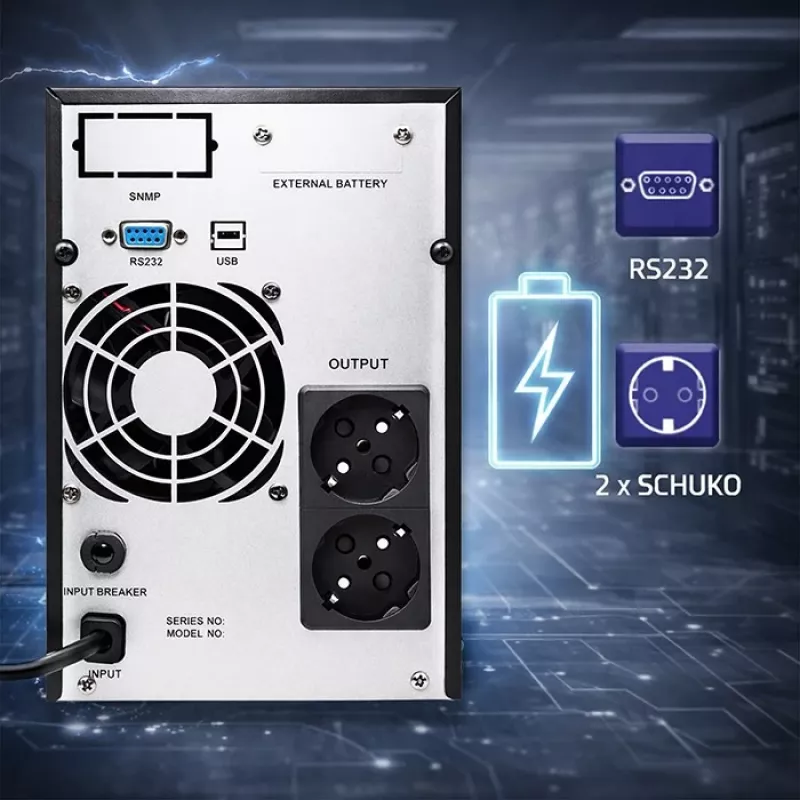 UPS QOLTEC gryna sinusinė banga 1 kVA 800 W su AVR ir LCD ekranu