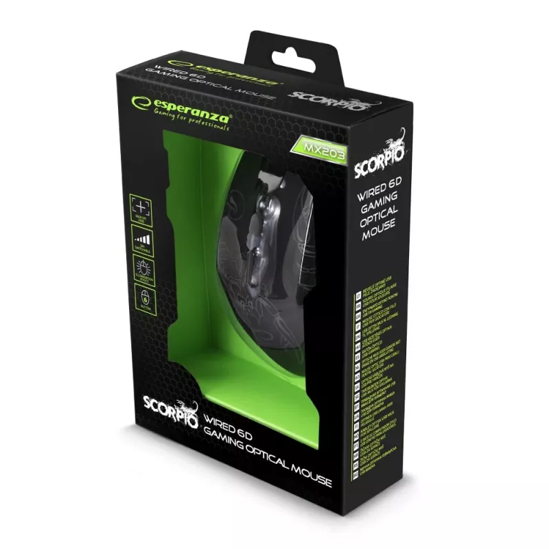 Esperanza MX203 SCORPIO - pelė - USB - mėlyna - pelė - optinė - 6 mygtukai - juoda