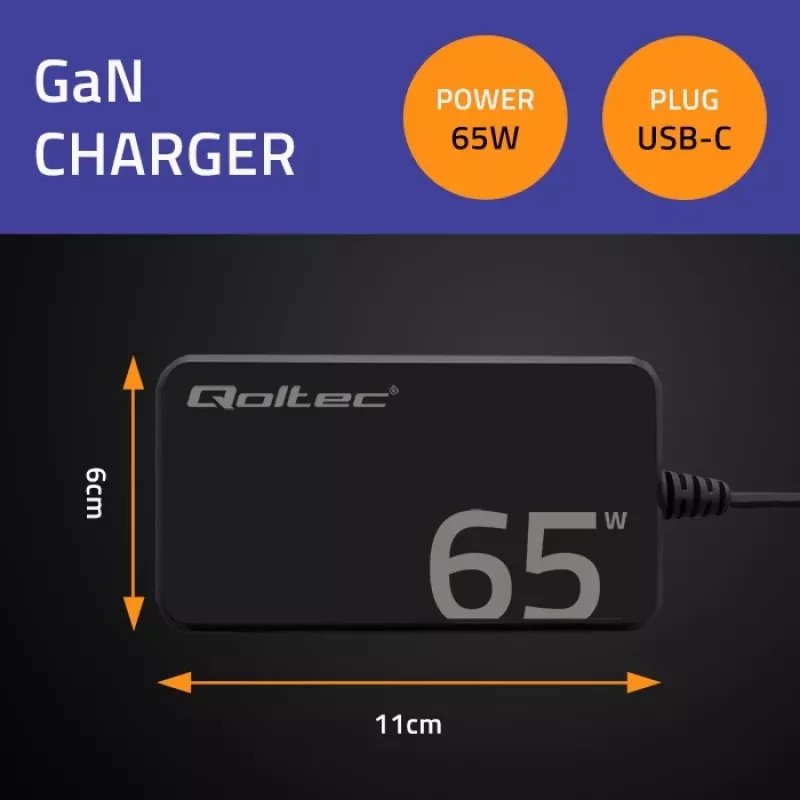 QOLTEC įkroviklis 65W GaN Super Fast plonas PD 5-20V 3.25A USB-C