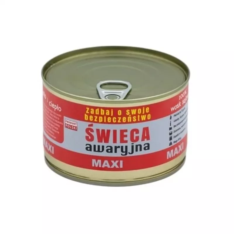 Avarinė išgyvenimo žvakė FULER HASKE Pro MAXI 410 g — natūralus sojų vaškas, degimo laikas 72 val., 99 mm × 65 mm, plieninė skardinė