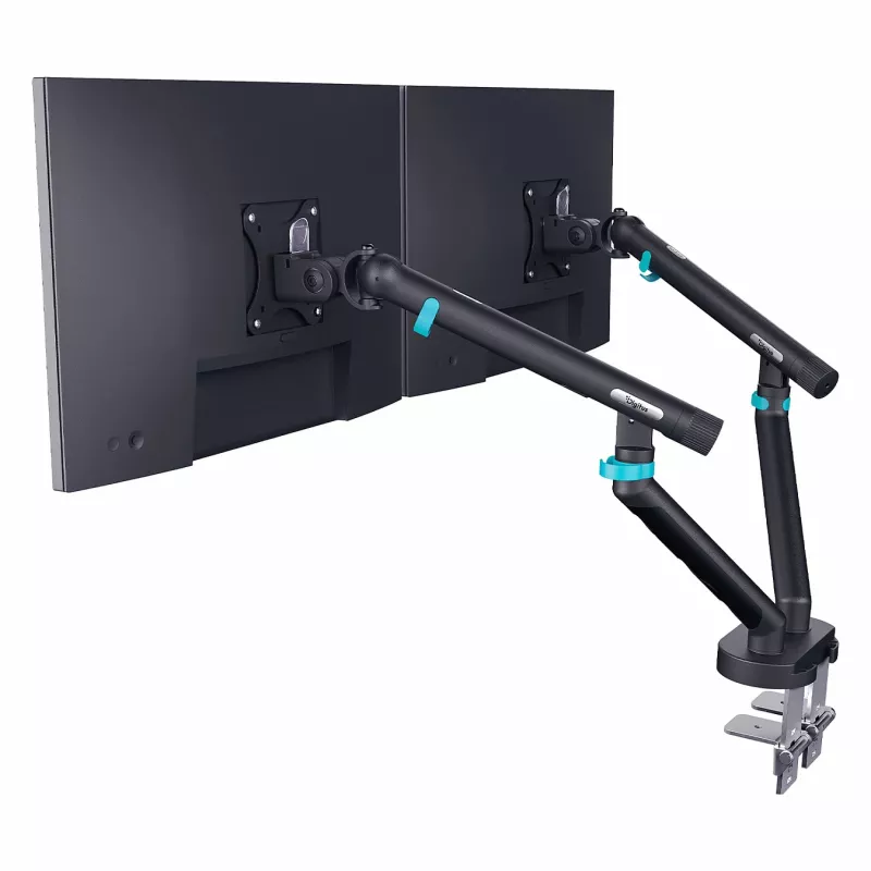 Monitoriaus laikiklis DIGITUS dvigubos konstrukcijos 2×35 colių ekranams, spaustuvas, 2×10 kg, VESA 75×75–100×100, pasvirimas -45–90°