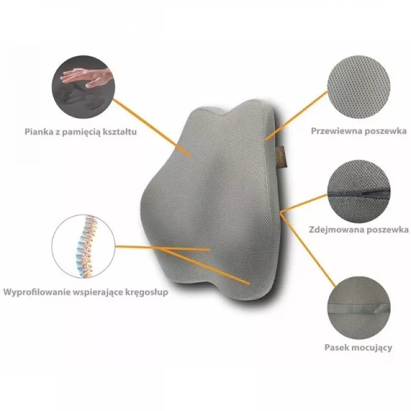 Juosmens atramos pagalvėlė MDH DRQE3S0BBXUXP — ergonominė atminties putų, 450×410×105 mm, tankis 55 kg/m³, pilka, su maišeliu