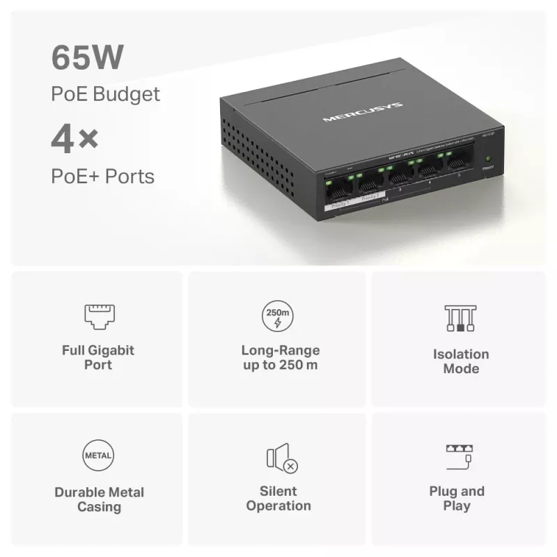 Mercusys 5 prievadų gigabitinio stalinio komutatoriaus su 4 PoE+ prievadais