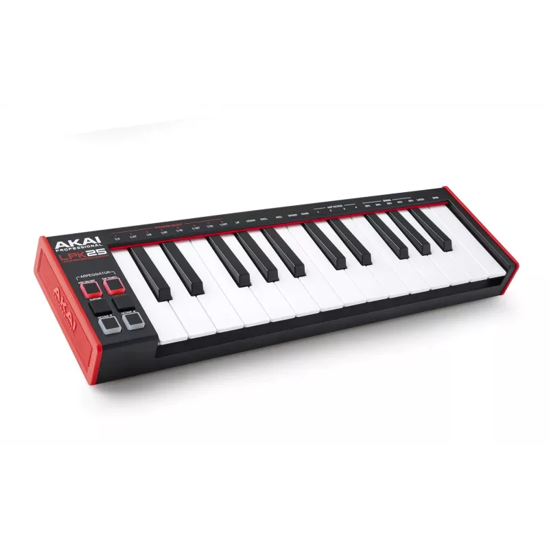 AKAI LPK25 MKII 25 klavišų, USB maitinama mini MIDI klaviatūra — oktavos perjungimas, arpedžiuoklis, 6 mygtukai, raudona