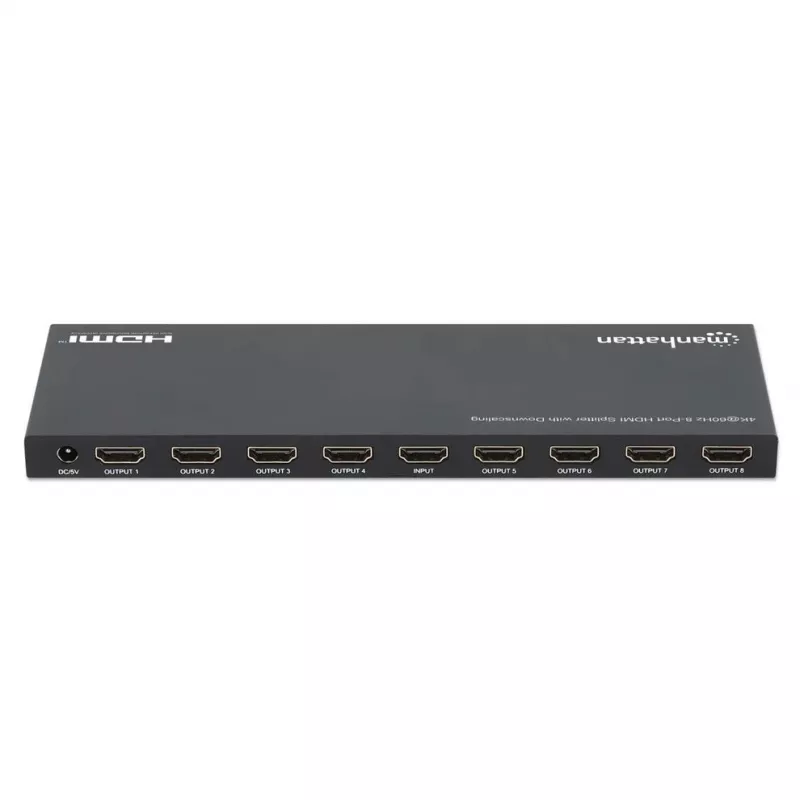 Manhattan 4K@60Hz 8 prievadų HDMI skirstytuvas su sumažinimo funkcija, padalijantis vieną HDMI įvestį į aštuonis HDMI išvestis (1x8), 18G, EDID jungiklis sumažinimui, juodas